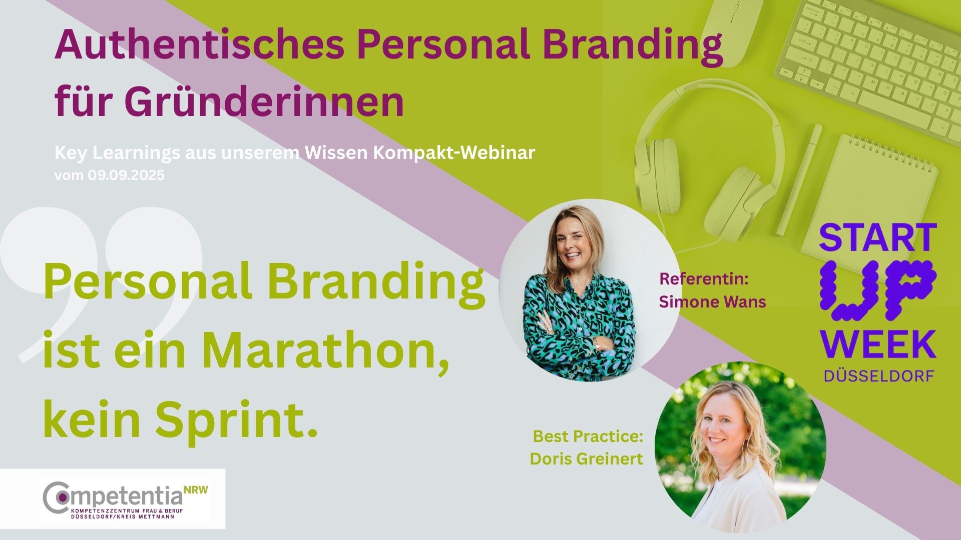 Grafik zum Webinar "ntisches Personal Branding für Gründerinnen" mit dem Zitat "Personal Branding ist ein Marathon, kein Sprint."
